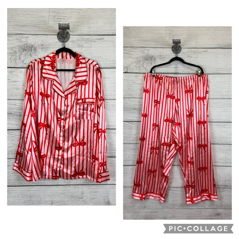 Shein Curve Plus Size Pink & Red Bow Satin Printed 2 Piece Pajama Set Size 5XL